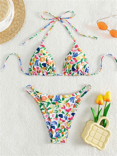 SHEIN Swim Mod Bañador bikini triángulo halter con estampado de fruta