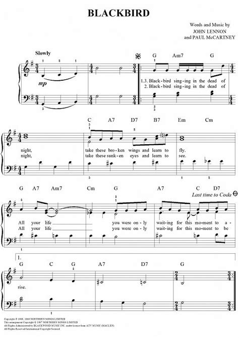 Blackbird Easy Piano Sheet Music Preview Page 1 Learnpiano