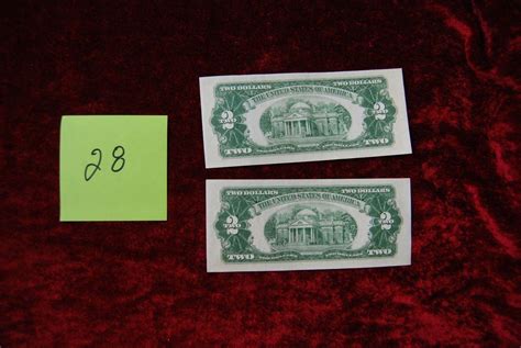 TWO - 1963 Red Seal $2 Dollar Bill (consecutive numbers ) Uncirculated ...