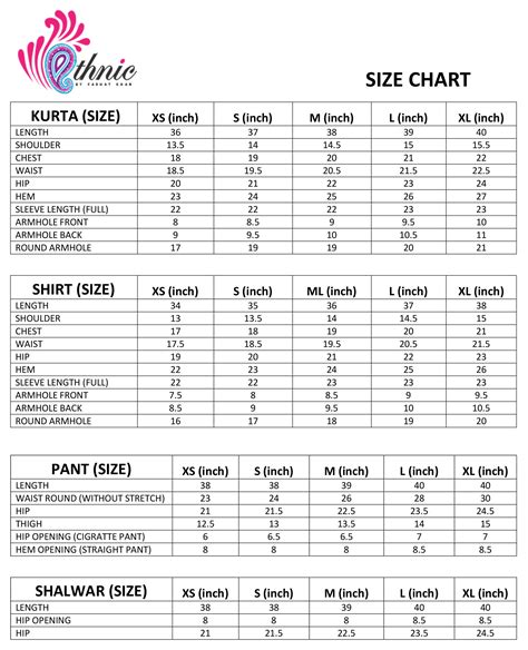 Ethnic by Farhat Khan Size Chart – Studio by TCS