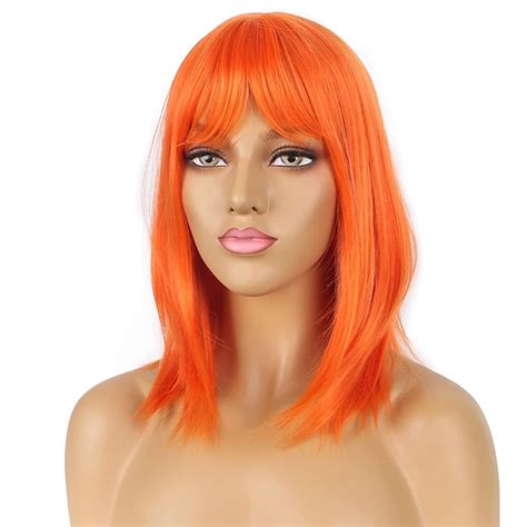 Short Bob Wigs With Bangs Orange Straight Shoulder Length Synthetic Wig