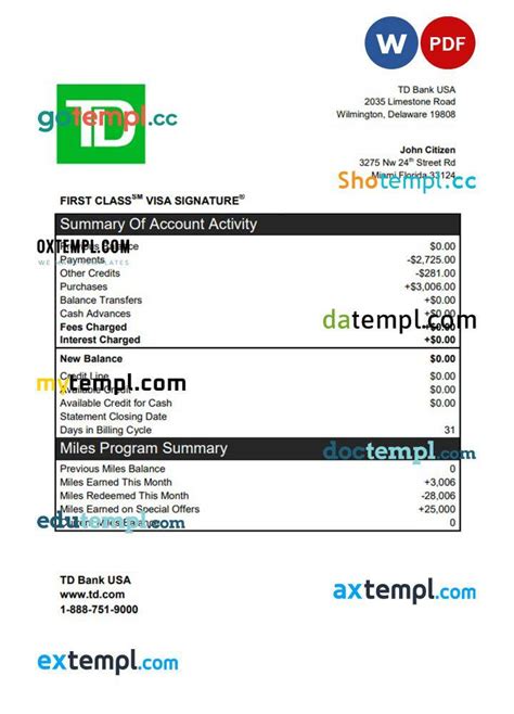 Usa Td Bank Credit Card Statement Template In Word And Pdf Format By