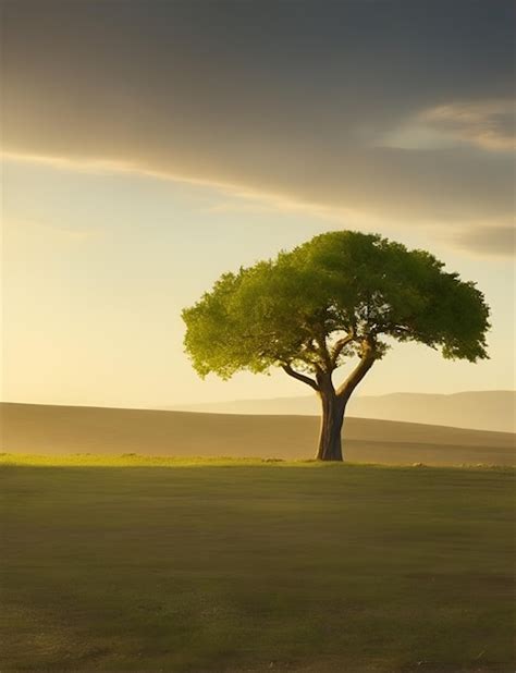 Premium Ai Image Lone Tree Sunset Background