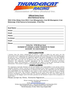 Fillable Online Thundercatracing Co Nationals Entry Form