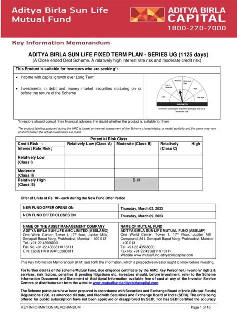 Fillable Online Aditya Birla Sun Life Fixed Term Plan Series UG 1125