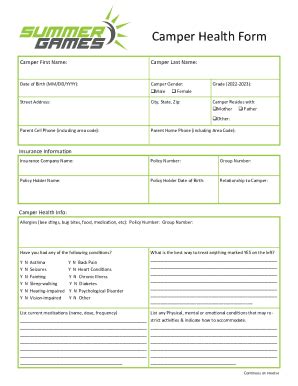 Fillable Online Camper Health Form Sgu Camp Fax Email Print PdfFiller