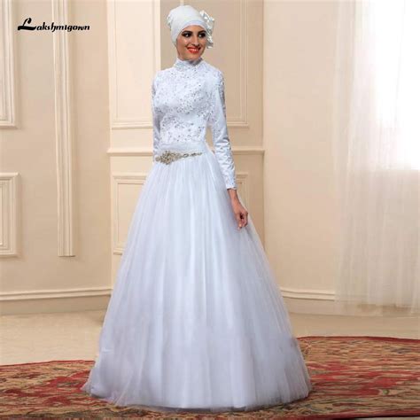 White Muslim High Neck Wedding Dress Satin Long Sleeve Roycebridal