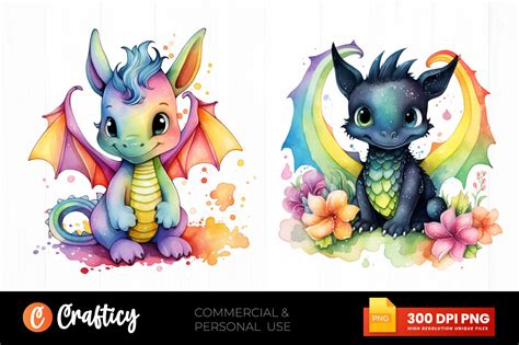 Watercolor Cute Rainbow Dragon Clipart Graphic By Crafticy · Creative