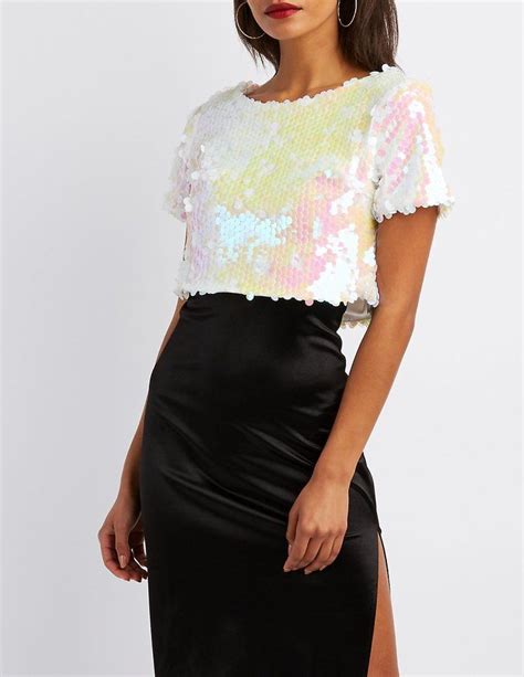 Charlotte Russe Holographic Sequins Crop Top Sequin Crop Top Evening