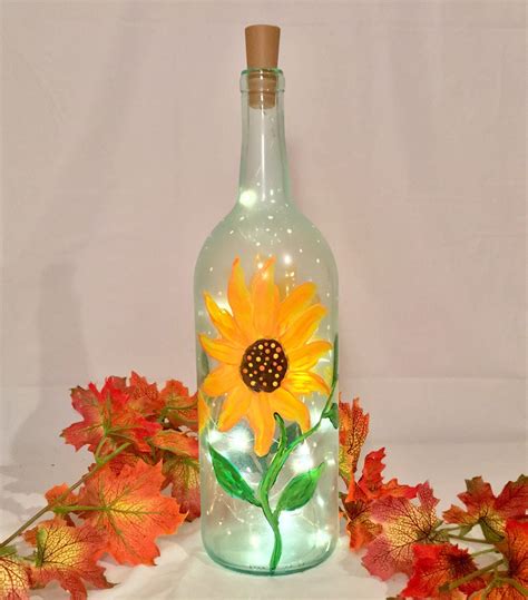 Sunflower Painted Wine Bottle With Lights By Bringthejoycreations On