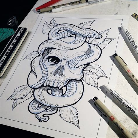 Skull And Snake Lineart By JakeMorrison Snake Tattoo Design Skull