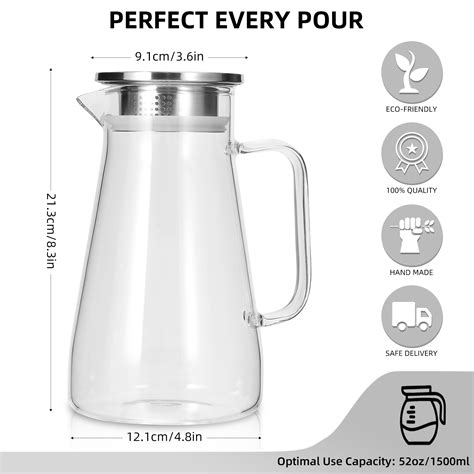 Uptrust 52 Oz 15l Glass Pitcher With Handle Stainless Steel Lid Perfect For Juice And Iced Tea