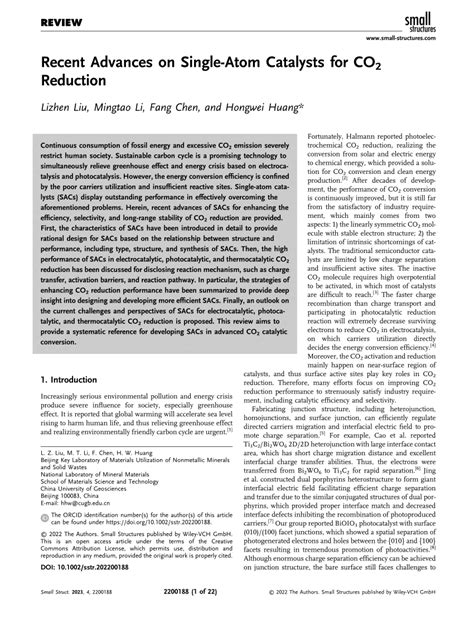 Pdf Recent Advances On Single‐atom Catalysts For Co2 Reduction