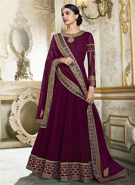 Wine Color Barfi Silk Wedding Wear Anarkali 3001