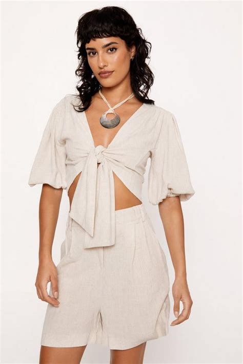 Linen Look Tie Front Top Boohoo Uk