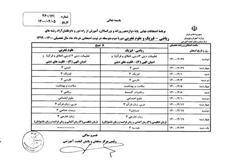 برنامه امتحانات نهایی پایه دوازدهم