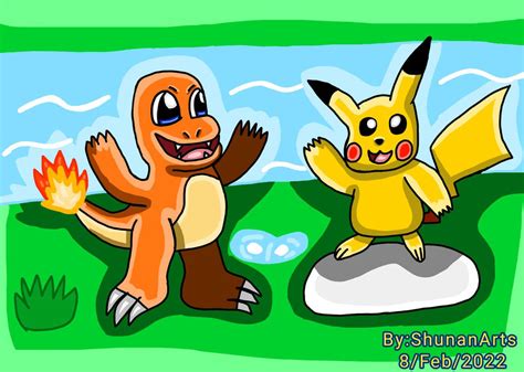 Pikachu and Charmander by ShunanArts on DeviantArt