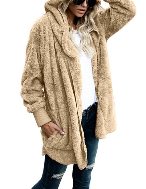 Women Oversized Hood Cardigan Pocket Faux Fur Jacket Open Front Coat