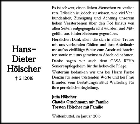 Traueranzeigen von Hans Dieter Hölscher trauer38 de