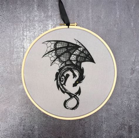 Dragon gothic embroidery hoop art GOT black lace Dungeons and | Etsy