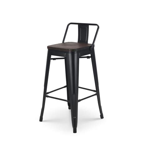 Kosmi Tabouret De Bar En M Tal Noir Mat Et Assise En Bois Fonc Avec