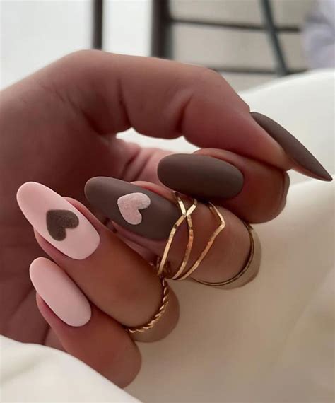 52 Valentines Day Nail Art Designs And Ideas 2023 Brown And Nude Pink Nails With Heart