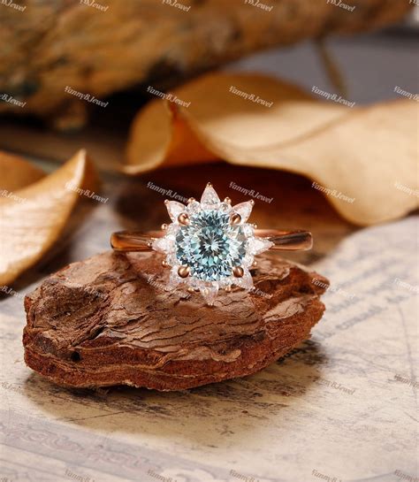 Teal Moissanite Snowflake Ring 12ct Round Brillanit Cut Moissanite