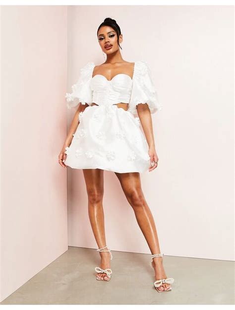 Buy Asos Luxe Sweetheart Corsetted Puff Sleeve Mini Dress With 3d Flowers In White Online