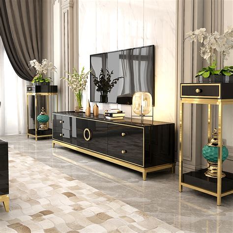 Modern Black Tv Stand With Drawers Doors Gold Media Console For Tvs