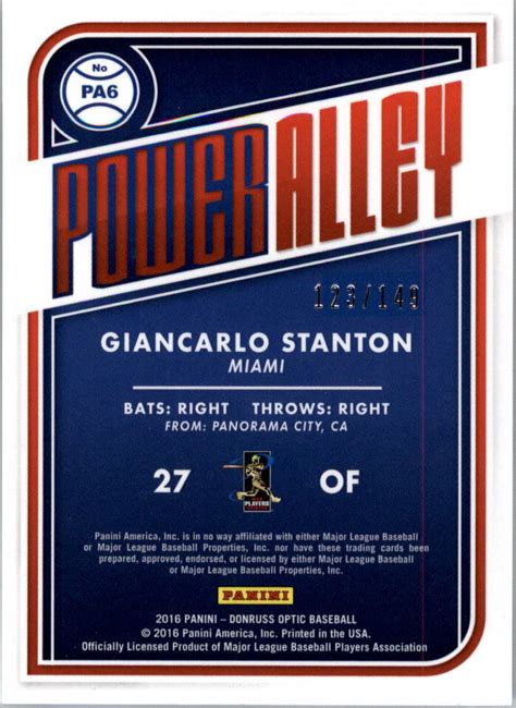 2016 Donruss Optic Power Alley Blue 6 Giancarlo Stanton 149 NM MT