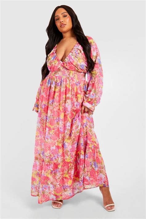 Plus Woven Floral Print Shirred Waist Detail Maxi Dress Boohoo Uk