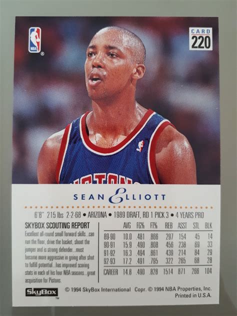 1993 94 SkyBox Sean Elliott 220 Detroit Pistons NBA Basketball Lesen