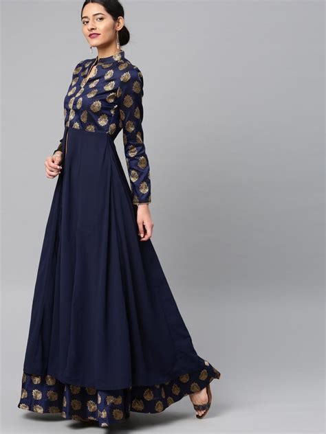 Buy Vishudh Navy Blue Ethnic Motifs Printed Anarkali Kurta With Skirt