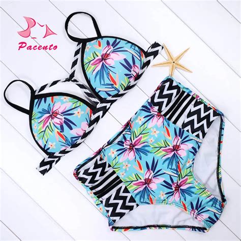 Pacento Floral Print Bikini Women Push Up Swimsuit Backless High Waist