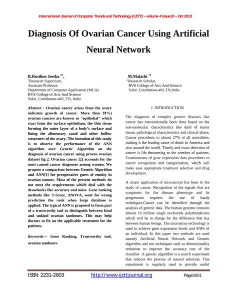 PDF Diagnosis Of Ovarian Cancer Using Artificial Neural Network