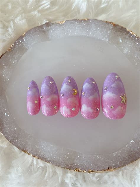 Set Of Pcs Hand Painted Press On Nails Cloud Rhinestones Etsy