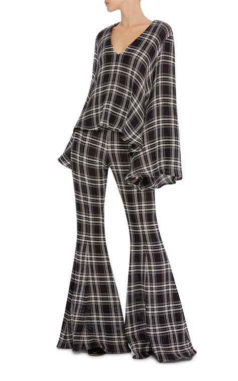 Beaufille Electra Ruffled Single Sleeve Top And Navi Flared Plaid Trousers