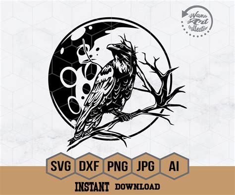 Raven On Full Moon Svg Black Bird Svg Crow Clipart Crow Etsy