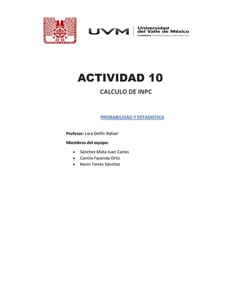 Actividad Trabajo Actividad Calculo De Inpc Probabilidad Y