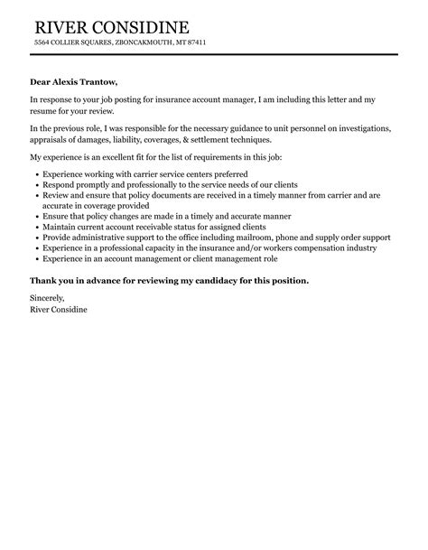 Insurance Account Manager Cover Letter Velvet Jobs