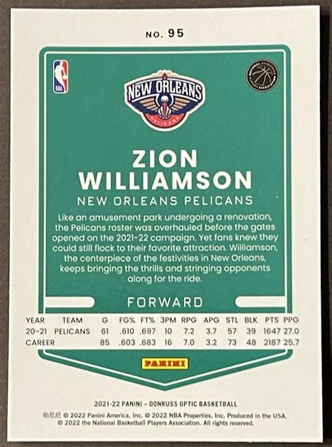 Zion Williamson Panini Donruss Optic Base Card New Orleans