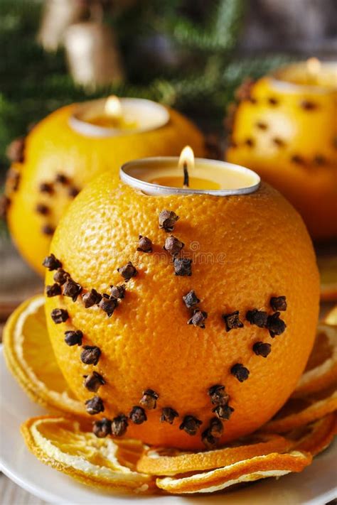 Orange Pomander Ball With Candle Christmas Decor Stock Image Image