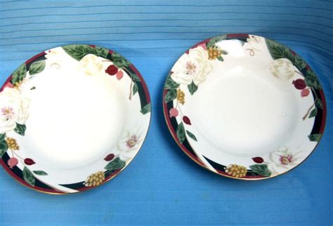 4 Tienshan Fine China Magnolia Rim Soup Salad Bowls Festive Bright