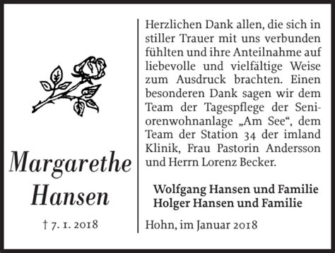 Traueranzeigen Von Margarethe Hansen Sh Z Trauer