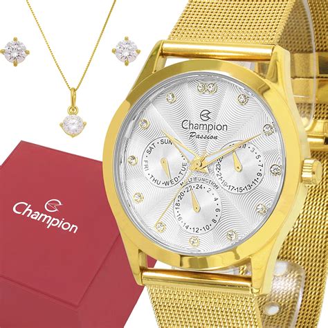 Rel Gio Champion Feminino Dourado Original Garantia Luxo