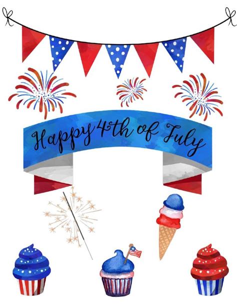 Happy Fourth Of July Banner With Cupcakes And Fireworks On White