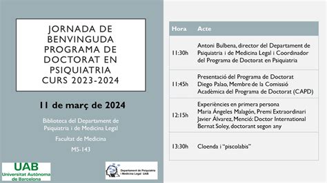 Jornada de Bienvenida Programa de Doctorado en Psiquiatría curso 2023