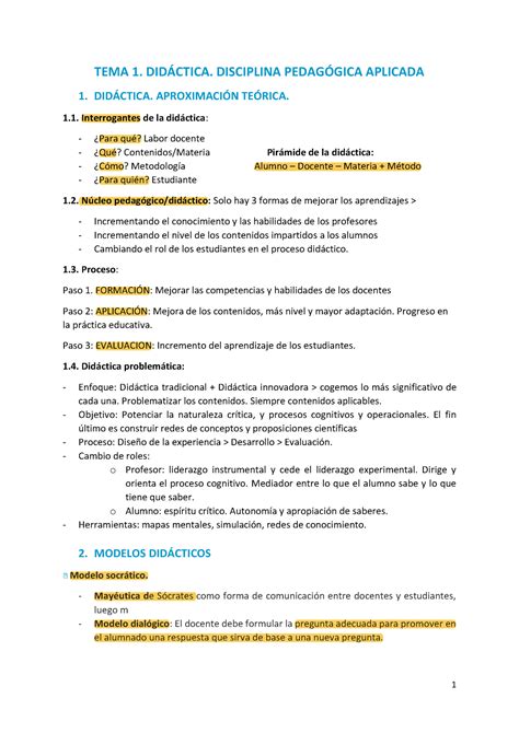 DIDÁ Ctica TEMA 1 TEMA 1 DIDCTICA DISCIPLINA PEDAGGICA APLICADA 1