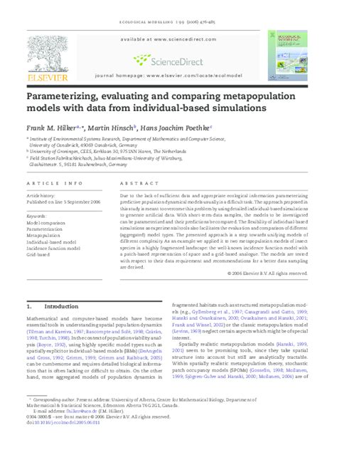 (PDF) Parameterizing, Evaluating and Comparing Metapopulation Models ...