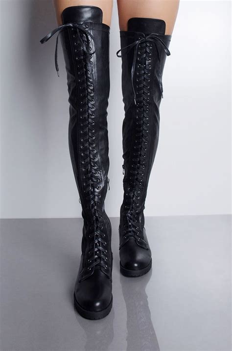 AZALEA WANG Faux Leather Thigh High Lace Up Flat Combat Inspired Boot